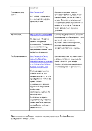 политике.
Почему именно
сейчас?
http://amtural.ru/
На главной странице нет
информации о скидках и
текущих акциях.
Покупатель должен захотеть
произвести действие, первый шаг
именно сейчас, иначе он понесет
потери. Если посетитель покинет
ваш сайт без целевых действий, вы
можете его потерять. Поэтому в
тексте должен быть призыв к
действию.
Конкретность http://amtural.ru/o-nas.html
На странице «О нас» не
хватает конкретной
информации. Расскажите о
вашей компании: год
основания магазина, этапы
развития, сотрудники.
Клиенты ищут конкретики. Лишняя
информация, ее обилие может стать
причиной того, что клиент
обратится к вашим конкурентам,
которые предоставили ему
конкретные ответы на вопросы.
Отображение выгод http://amtural.ru/lenta-
svetootrazhajuschaja-
svetovozvraschajuschaja/lent
a-svetootrazhajuschaja-na-
tverdoe-osnovanie.html
Помимо характеристик
товара, укажите, что
получит клиент после его
приобретения. «В темное
время суток на
неосвещенных дорогах
грузовикам и прицепам
необходима
светоотражающая лента.
Она обеспечит
безопасность: другие
водители смогут издалека
оценить габариты вашего
автомобиля и избежать
столкновения».
Говорите не о том, что вы продаете,
а о том, что получит ваш клиент в
итоге. Конечная цель имеет
большее влияние на подсознание,
нежели средство ее достижения.
Эффективность продающих текстов оценила маркетолог Студии Дмитрия
Димбровского Корсун Оксана.
 