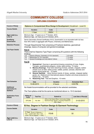 Aligarh Muslim University Guide to Admissions 2015-2016
96
COMMUNITY COLLEGE
DIPLOMA COURSES
Course of Study Diploma in Computerized Shoe Design & Development (Vocational – Level 5)
Course Details
Duration Code Intake
1 Year DSDV 30
Age Limit (For
Level 5)
Minimum Age : 17 years as on 1
st
October, 2015
Maximum Age : 22 Years as on 01 October, 2015.
Qualifying
Examination
Senior Secondary School Certificate (10+2) Examination or an equivalent with not less
than 45% marks in aggregate with Physics, Chemistry and Mathematics.
Selection Process Through Departmental Test comprising of Freehand sketches, geometrical
drawings, basics of computer and general knowledge.
Test Paper Details Part A
There shall be Objective Type Paper comprising 50 questions with the following
breakup:
(a) Science (Physics, Chemistry of 10+2 standard) 25 marks
(b) Mathematics of 10+2 standard 15 marks
(c) General Knowledge and Indo-Islamic Culture 10 marks
Part B
I. Geometrical : Exercise in geometrical drawing comprising of Lines, Angles,
Triangles, quadrilaterals polygons, circles, letter printing : 15 marks
II. Memory Drawings : Free hand sketching of shoes, sandals, chappals, leather
articles such as belts, ladies purses, wallets, jackets, suitcase, attachies and
leather sports goods etc. : 15 marks
III. General Aptitude : About famous brands of shoes, sandals, chappals leather
goods, etc. (National and International) places of leather and shoes production &
Fashion etc. : 10 marks
IV. Reasoning Test : Test and Graphics : 10 marks
Test Schedule Date Duration Scheduled Start
13-06-2015 2 hours 4:00 PM
Additional
Information &
Syllabus
No Hostel Accommodation will be provided to the selected candidates.
The Test syllabus shall be the same as mentioned above i.e. 10+2 standard.
Application Form
Details
Filling of
Form
Test Fee Submit to Last Date of Receipt
OFFLINE Rs. 400/-
Office of the Nodal Officer, Community College,
Electrical Engg. Section, University Polytechnic
AMU, Aligarh
31-03-2015
Course of Study B.Voc. Degree in Fashion Design & Garment Technology
Course Details
Duration Code Intake
3 Year [Level–5 (Diploma)– 1
Year, Level–6 (Adv. Dip)-1 Year,
Level–7 (B.Voc.Degree) – 1 Year]
FDVB 50
Age Limit (For
Level 5)
Minimum Age : 17 years as on 1
st
October, 2015
Maximum Age : 22 Years as on 01 October, 2015.
 
