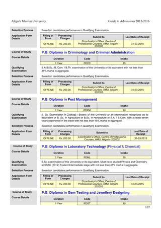 Aligarh Muslim University Guide to Admissions 2015-2016
107
Selection Process Based on candidates performance in Qualifying Examination.
Application Form
Details
Filling of
Form
Processing
Charges
Submit to Last Date of Receipt
OFFLINE Rs. 200.00
Coordinator’s Office, Centre of
Professional Courses, AMU, Aligarh -
202002
31-03-2015
Course of Study P.G. Diploma in Criminology and Criminal Administration
Course Details
Duration Code Intake
1 Year PDCC 15
Qualifying
Examination
B.A./B.Sc. /B. Com. / B.Th. examination of this University or its equivalent with not less than
45% marks in aggregate.
Selection Process Based on candidates performance in Qualifying Examination.
Application Form
Details
Filling of
Form
Processing
Charges
Submit to Last Date of Receipt
OFFLINE Rs. 200.00
Coordinator’s Office, Centre of
Professional Courses, AMU, Aligarh -
202002
31-03-2015
Course of Study P.G. Diploma in Pest Management
Course Details
Duration Code Intake
1 Year PDPM 10
Qualifying
Examination
B. Sc. Examination in Zoology / Botany of this University or an examination recognized as its
equivalent or B. Sc. In Agriculture or B.Sc. in Horticulture or B.A. / B.Com. with at least seven
years experience in the trade with not less than 45% marks in aggregate.
Selection Process Based on candidates performance in Qualifying Examination.
Application Form
Details
Filling of
Form
Processing
Charges
Submit to
Last Date of
Receipt
OFFLINE Rs. 200.00
Coordinator’s Office, Centre of Professional
Courses, AMU, Aligarh -202002 31-03-2015
Course of Study P.G. Diploma in Laboratory Technology (Physical & Chemical)
Course Details
Duration Code Intake
1 Year PDML 10
Qualifying
Examination
B.Sc. examination of this University or its equivalent. Must have studied Physics and Chemistry
at SSSC (10+2) System/Intermediate stage with not less than 45% marks in aggregate.
Selection Process Based on candidates performance in Qualifying Examination.
Application Form
Details
Filling of
Form
Processing
Charges
Submit to Last Date of Receipt
OFFLINE Rs. 200.00
Coordinator’s Office, Centre of
Professional Courses, AMU, Aligarh -
202002
31-03-2015
Course of Study P.G. Diploma in Gem Testing and Jewellery Designing
Course Details
Duration Code Intake
1 Year PDGT 10
 