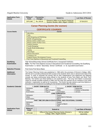 Aligarh Muslim University Guide to Admissions 2015-2016
111
Application Form
Details
Filling of
Form
Processing
Charges
Submit to Last Date of Receipt
OFFLINE Rs. 200.00
Director’s Office, K.A. Nizami Centre for
Quranic Studies, AMU, Aligarh -202002 07-09-2015
Career Planning Centre (for women)
CERTIFICATE COURSES
Course Details Course
MS-Office
Tally
Web Designing and Publishing
BASIC (Programming)
Beauty Culture I (Skin Care)
Beauty Culture II (Hair Care)
Fashion Garment
Textile Designing
Needle Work (Embroidery)
Typing
Short Hand
Interior Decoration
Commerce Art
English Fluency Development Courses
Part Time Diploma in Educational and Vocational Counselling
Qualifying
Examination
High School/Secondary School Certificate from a recognized Institution.
Note : For Part Time Diploma Course in Educational and Vocational Counselling, the Qualifying
Examination is Senior Secondary School Certificate or its equivalent examination .
Selection Process First Come First Serve Basis
Additional
Information
The Career Planning Centre was established in 1984 within the premises of Women’s College, AMU,
with the aim to provide professional skill courses to the students which area in demand and need of the
society. In order to empower the women folk for their independence and betterment the following
courses are being continuously being offered to the students of long Term Batch and Short Term
Batches. The Centre runs three batches in one academic year. The Long Term Batch is exclusively
meant for female bonafide students of AMU and the other two batches are for students of any other
institution / organization as well as for housewives. The Centre has also started a part time Diploma in
Educational and Vocational Counselling for the female bonafide AMU Students.
Academic Calendar 1. SHORT TERM BATCH 2. SHORT TERM BATCH
Admission April Admission September
Class May to August Class October to December
Examination August Examination January
LONG TERM BATCH
Admission August
Class September to February
Examination March
PART TIME DIPLOMA IN EDUCATIONAL AND VOCATIONAL COUNSEL
Admission August
Class August to March
Examination April
Application Form
Details
Filling of
Form
Submit to Last Date of Receipt
OFFLINE
Office of the Career Planning Centre, Women’s
College, AMU, Aligarh-202002
Will be notified
separately
 