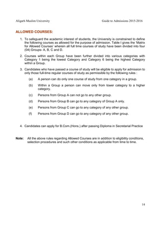 Aligarh Muslim University Guide to Admissions 2015-2016
14
ALLOWED COURSES:
1. To safeguard the academic interest of students, the University is constrained to define
the following courses as allowed for the purpose of admission. Table I gives the ‘Matrix
for Allowed Courses’ wherein all full time courses of study have been divided into four
(04) Groups- A, B, C and D.
2. Courses within each Group have been further divided into various categories with
Category 1 being the lowest Category and Category 6 being the highest Category
within a Group.
3. Candidates who have passed a course of study will be eligible to apply for admission to
only those full-time regular courses of study as permissible by the following rules :
(a) A person can do only one course of study from one category in a group.
(b) Within a Group a person can move only from lower category to a higher
category.
(c) Persons from Group A can not go to any other group.
(d) Persons from Group B can go to any category of Group A only.
(e) Persons from Group C can go to any category of any other group.
(f) Persons from Group D can go to any category of any other group.
4. Candidates can apply for B.Com.(Hons.) after passing Diploma in Secretarial Practice
Note: All the above rules regarding Allowed Courses are in addition to eligibility conditions,
selection procedures and such other conditions as applicable from time to time.
 