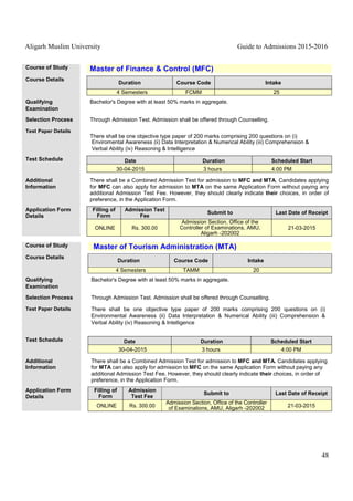 Aligarh Muslim University Guide to Admissions 2015-2016
48
Course of Study Master of Finance & Control (MFC)
Course Details
Duration Course Code Intake
4 Semesters FCMM 25
Qualifying
Examination
Bachelor's Degree with at least 50% marks in aggregate.
Selection Process Through Admission Test. Admission shall be offered through Counselling.
Test Paper Details
There shall be one objective type paper of 200 marks comprising 200 questions on (i)
Enviromental Awareness (ii) Data Interpretation & Numerical Ability (iii) Comprehension &
Verbal Ability (iv) Reasoning & Intelligence
Test Schedule Date Duration Scheduled Start
30-04-2015 3 hours 4:00 PM
Additional
Information
There shall be a Combined Admission Test for admission to MFC and MTA. Candidates applying
for MFC can also apply for admission to MTA on the same Application Form without paying any
additional Admission Test Fee. However, they should clearly indicate their choices, in order of
preference, in the Application Form.
Application Form
Details
Filling of
Form
Admission Test
Fee
Submit to Last Date of Receipt
ONLINE Rs. 300.00
Admission Section, Office of the
Controller of Examinations, AMU,
Aligarh -202002
21-03-2015
Course of Study Master of Tourism Administration (MTA)
Course Details
Duration Course Code Intake
4 Semesters TAMM 20
Qualifying
Examination
Bachelor's Degree with at least 50% marks in aggregate.
Selection Process Through Admission Test. Admission shall be offered through Counselling.
Test Paper Details There shall be one objective type paper of 200 marks comprising 200 questions on (i)
Environmental Awareness (ii) Data Interpretation & Numerical Ability (iii) Comprehension &
Verbal Ability (iv) Reasoning & Intelligence
Test Schedule Date Duration Scheduled Start
30-04-2015 3 hours 4:00 PM
Additional
Information
There shall be a Combined Admission Test for admission to MFC and MTA. Candidates applying
for MTA can also apply for admission to MFC on the same Application Form without paying any
additional Admission Test Fee. However, they should clearly indicate their choices, in order of
preference, in the Application Form.
Application Form
Details
Filling of
Form
Admission
Test Fee
Submit to Last Date of Receipt
ONLINE Rs. 300.00
Admission Section, Office of the Controller
of Examinations, AMU, Aligarh -202002 21-03-2015
 