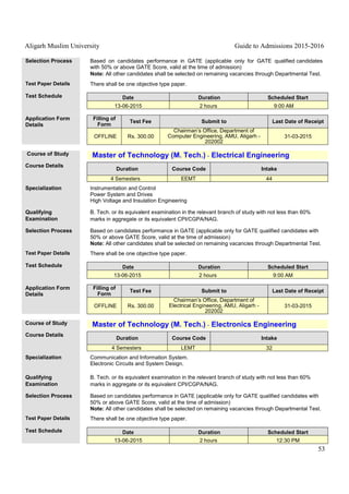 Aligarh Muslim University Guide to Admissions 2015-2016
53
Selection Process Based on candidates performance in GATE (applicable only for GATE qualified candidates
with 50% or above GATE Score, valid at the time of admission)
Note: All other candidates shall be selected on remaining vacancies through Departmental Test.
Test Paper Details There shall be one objective type paper.
Test Schedule Date Duration Scheduled Start
13-06-2015 2 hours 9:00 AM
Application Form
Details
Filling of
Form
Test Fee Submit to Last Date of Receipt
OFFLINE Rs. 300.00
Chairman’s Office, Department of
Computer Engineering, AMU, Aligarh -
202002
31-03-2015
Course of Study Master of Technology (M. Tech.) - Electrical Engineering
Course Details
Duration Course Code Intake
4 Semesters EEMT 44
Specialization Instrumentation and Control
Power System and Drives
High Voltage and Insulation Engineering
Qualifying
Examination
B. Tech. or its equivalent examination in the relevant branch of study with not less than 60%
marks in aggregate or its equivalent CPI/CGPA/NAG.
Selection Process Based on candidates performance in GATE (applicable only for GATE qualified candidates with
50% or above GATE Score, valid at the time of admission)
Note: All other candidates shall be selected on remaining vacancies through Departmental Test.
Test Paper Details There shall be one objective type paper.
Test Schedule Date Duration Scheduled Start
13-06-2015 2 hours 9:00 AM
Application Form
Details
Filling of
Form
Test Fee Submit to Last Date of Receipt
OFFLINE Rs. 300.00
Chairman’s Office, Department of
Electrical Engineering, AMU, Aligarh -
202002
31-03-2015
Course of Study Master of Technology (M. Tech.) - Electronics Engineering
Course Details
Duration Course Code Intake
4 Semesters LEMT 32
Specialization Communication and Information System.
Electronic Circuits and System Design.
Qualifying
Examination
B. Tech. or its equivalent examination in the relevant branch of study with not less than 60%
marks in aggregate or its equivalent CPI/CGPA/NAG.
Selection Process Based on candidates performance in GATE (applicable only for GATE qualified candidates with
50% or above GATE Score, valid at the time of admission)
Note: All other candidates shall be selected on remaining vacancies through Departmental Test.
Test Paper Details There shall be one objective type paper.
Test Schedule Date Duration Scheduled Start
13-06-2015 2 hours 12:30 PM
 