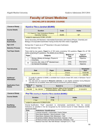 Aligarh Muslim University Guide to Admissions 2015-2016
88
Faculty of Unani Medicine
BACHELOR’S DEGREE COURSE
Course of Study Kamil-e-Tib-o-Jarahat (BUMS)
Course Details
Duration Code Intake
4 ½ Years & 1 Year Compulsory Rotatory
Internship Training. BUMS 50*
* subject to approval of CCIM / AYUSH
Qualifying
Examination
Senior Secondary (XII Standard) / Intermediate Examination with Science (Physics, Chemistry and
Biology) or its equivalent examination having not less than 50% marks in aggregate.
Age Limit Not less than 17 years as on 31
st
December in the year of admission.
Selection Process Through Admission Test.
Test Paper Details There shall be two papers. Paper-I is of 150 marks comprising 150 questions. Paper- II is of 100
marks comprising 87 questions. The details are as follows:
Paper Subjects
Medium of
Test
Type of
Questions
I
Biology (Botany & Zoology), Physics &
Chemistry
English Objective
II
(a) Urdu (Adv. Urdu of 10
th
Standard level ) Urdu Descriptive
(b) General Knowledge Urdu Objective
Test Schedule
Date Paper Duration
Scheduled
Start
05-05-2015
I 3 hours 10:00 AM
II 2 hours 4:00 PM
Additional
Information
1. To qualify for selection to BUMS, a candidate has to secure at least 30% marks in Admission Test of
Paper II(a) - Urdu.
2. Two (02) seats are reserved for Malaysian nationals. In case eligible candidates having Malaysian
nationality are not available, these seats would be transferred to general category.
Application Form
Details
Filling of
Form
Test Fee Submit to Last Date of Receipt
ONLINE Rs. 300.00
Admission Section, Office of the Controller
of Examinations, AMU, Aligarh -202002 21-03-2015
Course of Study Pre-Tib (leading to Kamil-e-Tib-o-Jarahat (BUMS))
Course Details
Duration Code Intake
1 Year PTIB 10*
* subject to approval of CCIM/AYUSH
Qualifying
Examination
Oriental Qualification “Fazil” (equivalent to intermediate examination) from the oriental
Institutions as specified in the list recognized by the Central Council of Indian Medicine (CCIM)
reproduced below:
S.No. Institutions / Qualifications
1. Lucknow University – Fazil-e-Adab / Fazil-e-Tafseer
2. Darul Uloom Nadvatul – Ulma (Lucknow) – Fazil
3. Darul-Uloom, Deoband, Distt. Saharanpur – Fazil
4. Al-Jameat-ul Salfiah, Markazi Darul-Uloom, Varanasi – Fazil
5. UP Board of Arabic and Persian Examination, Allahabad – Fazil
6. Madarsa Faize Aam, Mau Nath Bhanjan, Azamgarh (U.P.) – Fazil
 