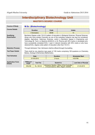 Aligarh Muslim University Guide to Admissions 2015-2016
91
Interdisciplinary Biotechnology Unit
MASTER’S DEGREE COURSE
Course of Study M.Sc. (Biotechnology)
Course Details
Duration Code Intake
4 Semesters BIOM 14
Qualifying
Examination
Bachelors Degree under 10+2+3 pattern of education in Biological Sciences, Physical Sciences
(those who have studied Chemistry as one of the subsidiary subjects may also be considered
eligible), Agriculture, Veterinary Sciences, and/or a Bachelors degree in Engineering and
Technology (B. Tech.) or Medicine (M.B.B.S.) or B. Pharma with 55% marks or candidates who
have successfully completed M.Sc. I year in relevant discipline with 55% marks or who have
obtained B.Sc. degree under pattern of education other than 10+2+3.
Selection Process Through Admission Test. Admission shall be offered through Counselling.
Test Paper Details There shall be one objective type paper of 100 marks comprising 100 questions on Chemistry,
Botany, Zoology & Elementary Mathematics.
Test Schedule Date Duration Scheduled Start
01-05-2015 2 hours 4:00 PM
Application Form
Details
Filling of
Form
Test Fee Submit to Last Date of Receipt
ONLINE Rs. 300.00
Admission Section, Office of the Controller
of Examinations, AMU, Aligarh -202002 21-03-2015
 