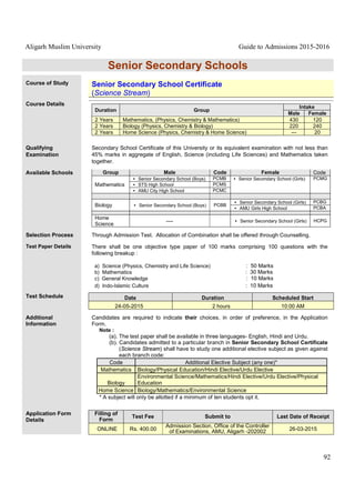 Aligarh Muslim University Guide to Admissions 2015-2016
92
Senior Secondary Schools
Course of Study Senior Secondary School Certificate
(Science Stream)
Course Details
Duration Group
Intake
Male Female
2 Years Mathematics, (Physics, Chemistry & Mathematics) 430 120
2 Years Biology (Physics, Chemistry & Biology) 220 240
2 Years Home Science (Physics, Chemistry & Home Science) --- 20
Qualifying
Examination
Secondary School Certificate of this University or its equivalent examination with not less than
45% marks in aggregate of English, Science (including Life Sciences) and Mathematics taken
together.
Available Schools Group Male Code Female Code
Mathematics
• Senior Secondary School (Boys) PCMB • Senior Secondary School (Girls) PCMG
• STS High School PCMS
• AMU City High School PCMC
Biology • Senior Secondary School (Boys) PCBB
• Senior Secondary School (Girls) PCBG
• AMU Girls High School PCBA
Home
Science
---- • Senior Secondary School (Girls) HCPG
Selection Process Through Admission Test. Allocation of Combination shall be offered through Counselling.
Test Paper Details There shall be one objective type paper of 100 marks comprising 100 questions with the
following breakup :
a) Science (Physics, Chemistry and Life Science) : 50 Marks
b) Mathematics : 30 Marks
c) General Knowledge : 10 Marks
d) Indo-Islamic Culture : 10 Marks
Test Schedule Date Duration Scheduled Start
24-05-2015 2 hours 10:00 AM
Additional
Information
Candidates are required to indicate their choices, in order of preference, in the Application
Form.
Note :
(a). The test paper shall be available in three languages- English, Hindi and Urdu.
(b). Candidates admitted to a particular branch in Senior Secondary School Certificate
(Science Stream) shall have to study one additional elective subject as given against
each branch code:
Code Additional Elective Subject (any one)*
Mathematics Biology/Physical Education/Hindi Elective/Urdu Elective
Biology
Environmental Science/Mathematics/Hindi Elective/Urdu Elective/Physical
Education
Home Science Biology/Mathematics/Environmental Science
* A subject will only be allotted if a minimum of ten students opt it.
Application Form
Details
Filling of
Form
Test Fee Submit to Last Date of Receipt
ONLINE Rs. 400.00
Admission Section, Office of the Controller
of Examinations, AMU, Aligarh -202002 26-03-2015
 
