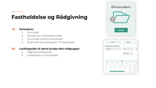 01. Kursuskurv
a. Gem forløb
b. Overblik over sammensatte forløb
c. Gem forløb via link til virksomheder
d. Brug forløb som landingssider / Til nyhedsmails
02. Landingssider til større kunder eller målgrupper
a. Faggruppe landingssider
b. Landingssider til virksomheder
Fastholdelse og Rådgivning
 