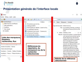 Présentation générale de l’interface locale
Liste des marqueurs,
Dossiers,
recherches, flux
Références du
répertoire, du
marqueurs ou de la
recherche
sélectionnée
Détails de la référence
sélectionnée
 