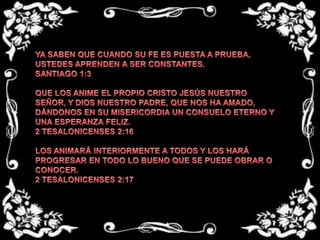 YA SABEN QUE CUANDO SU FE ES PUESTA A PRUEBA, USTEDES APRENDEN A SER CONSTANTES.SANTIAGO 1:3 QUE LOS ANIME EL PROPIO CRISTO JESÚS NUESTRO SEÑOR, Y DIOS NUESTRO PADRE, QUE NOS HA AMADO, DÁNDONOS EN SU MISERICORDIA UN CONSUELO ETERNO Y UNA ESPERANZA FELIZ.2 TESALONICENSES 2:16 LOS ANIMARÁ INTERIORMENTE A TODOS Y LOS HARÁ PROGRESAR EN TODO LO BUENO QUE SE PUEDE OBRAR O CONOCER.2 TESALONICENSES 2:17