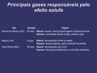 Principais gases responsáveis pelo efeito estufa 