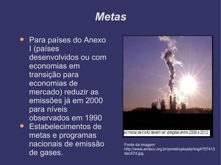 Metas Para países do Anexo I (países desenvolvidos ou com economias em transição para economias de mercado) reduzir as emissões já em 2000 para níveis observados em 1990 Estabelecimentos de metas e programas nacionais de emissão de gases.  Fonte da imagem: http://www.embcv.org.br/portal/uploads/img4757413dac57d.jpg 