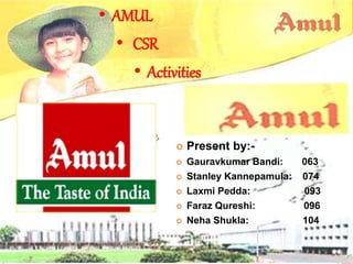 A
AMUL
• AMUL
• CSR
• Activities
 Present by:-
 Gauravkumar Bandi: 063
 Stanley Kannepamula: 074
 Laxmi Pedda: 093
 Faraz Qureshi: 096
 Neha Shukla: 104
 