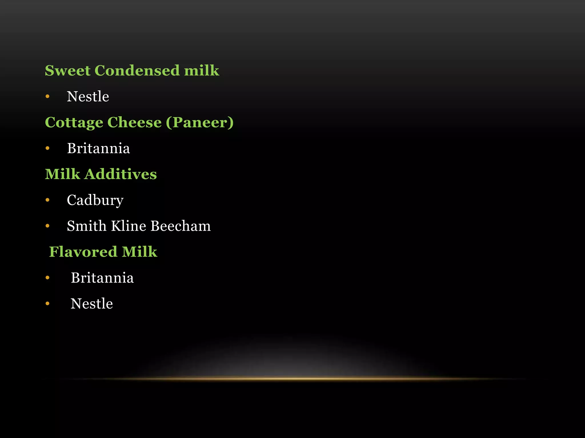 Sweet Condensed milk
• Nestle
Cottage Cheese (Paneer)
• Britannia
Milk Additives
• Cadbury
• Smith Kline Beecham
Flavored Milk
• Britannia
• Nestle
 