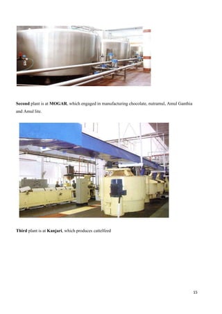 15
Second plant is at MOGAR, which engaged in manufacturing chocolate, nutramul, Amul Ganthia
and Amul lite.
Third plant is at Kanjari, which produces cattelfeed
 