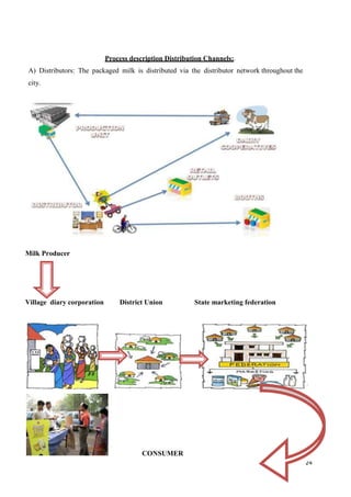 24
Process description Distribution Channels:.
A) Distributors: The packaged milk is distributed via the distributor network throughout the
city.
Milk Producer
Village diary corporation District Union State marketing federation
CONSUMER
 