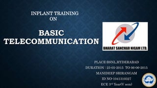 BASIC
TELECOMMUNICATION
PLACE:BSNL,HYDERABAD
DURATION : 25-05-2015 TO 06-06-2015
MANIDEEP SRIRANGAM
ID NO-1041310327
ECE 3rd Year(V sem)
INPLANT TRAINING
ON
 