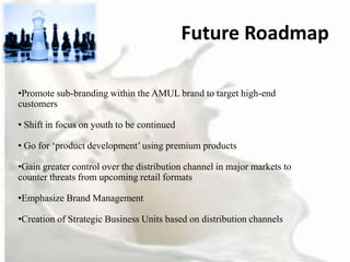 Future Roadmap

•Promote sub-branding within the AMUL brand to target high-end
customers

• Shift in focus on youth to be continued

• Go for ‘product development’ using premium products

•Gain greater control over the distribution channel in major markets to
counter threats from upcoming retail formats

•Emphasize Brand Management

•Creation of Strategic Business Units based on distribution channels
 