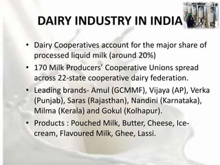 DAIRY INDUSTRY IN INDIA
• Dairy Cooperatives account for the major share of
  processed liquid milk (around 20%)
• 170 Milk Producers’ Cooperative Unions spread
  across 22-state cooperative dairy federation.
• Leading brands- Amul (GCMMF), Vijaya (AP), Verka
  (Punjab), Saras (Rajasthan), Nandini (Karnataka),
  Milma (Kerala) and Gokul (Kolhapur).
• Products : Pouched Milk, Butter, Cheese, Ice-
  cream, Flavoured Milk, Ghee, Lassi.
 
