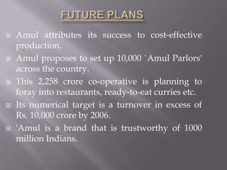  Amul attributes its success to cost-effective
production.
 Amul proposes to set up 10,000 `Amul Parlors'
across the country.
 This 2,258 crore co-operative is planning to
foray into restaurants, ready-to-eat curries etc.
 Its numerical target is a turnover in excess of
Rs. 10,000 crore by 2006.
 'Amul is a brand that is trustworthy of 1000
million Indians.
 