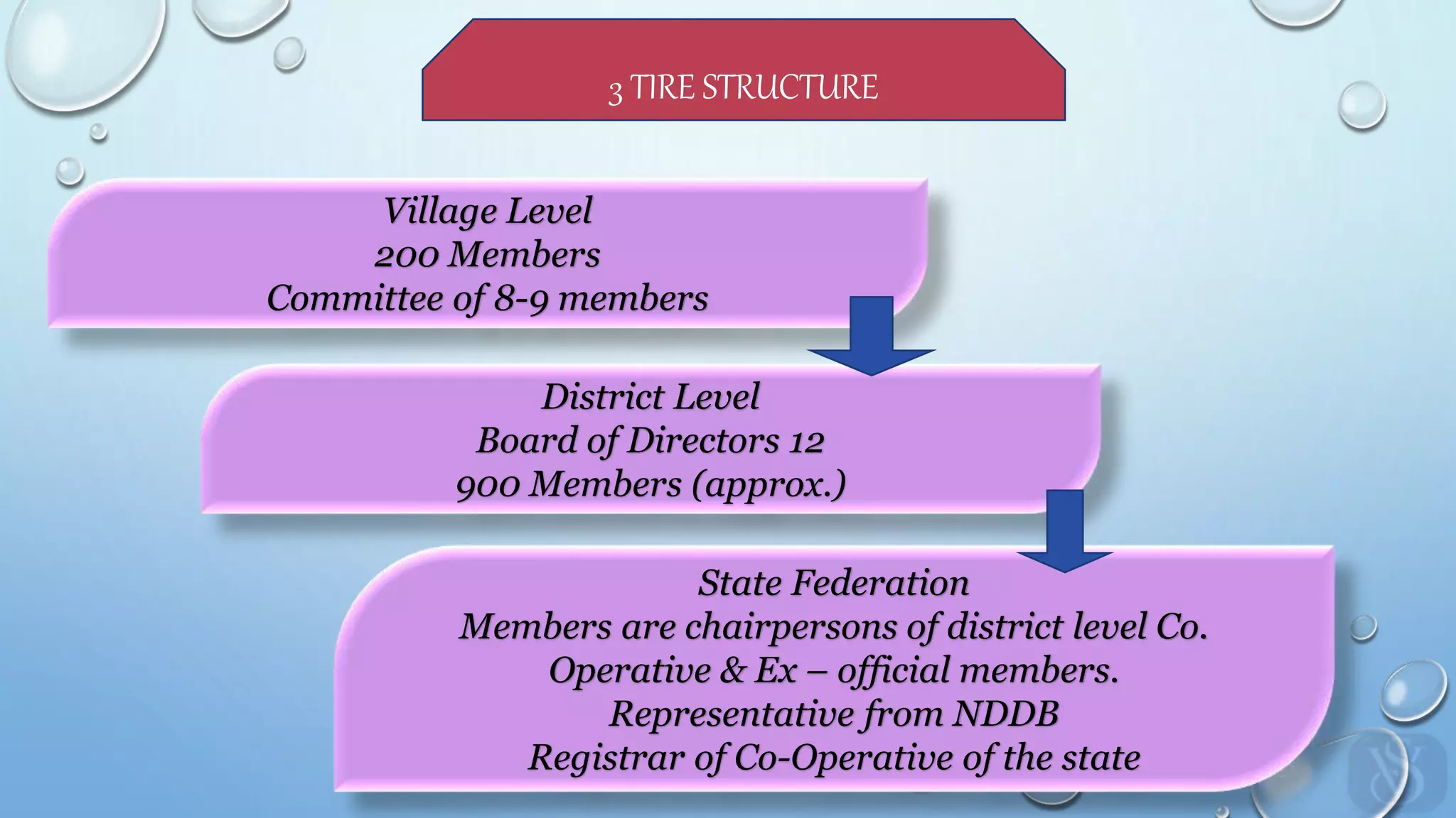 Village Level
200 Members
Committee of 8-9 members
District Level
Board of Directors 12
900 Members (approx.)
State Federation
Members are chairpersons of district level Co.
Operative & Ex – official members.
Representative from NDDB
Registrar of Co-Operative of the state
3 TIRE STRUCTURE
 