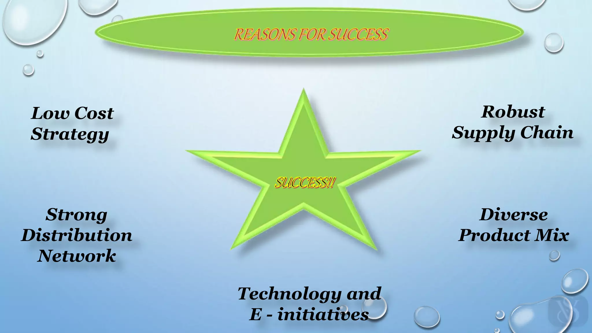 Robust
Supply Chain
Low Cost
Strategy
Diverse
Product Mix
Strong
Distribution
Network
Technology and
E - initiatives
 