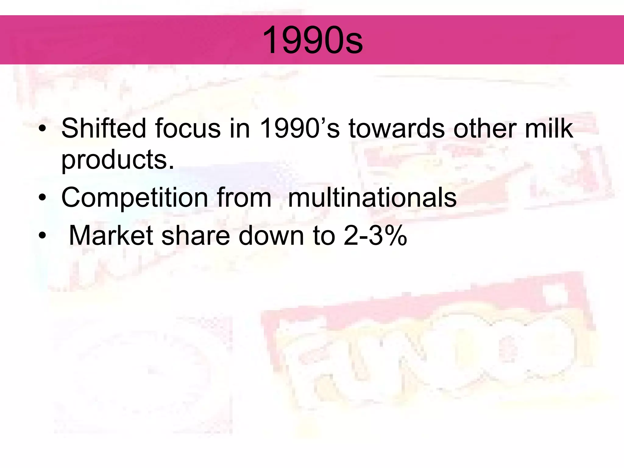1990s Shifted focus in 1990’s towards other milk products.  Competition from  multinationals Market share down to 2-3% 