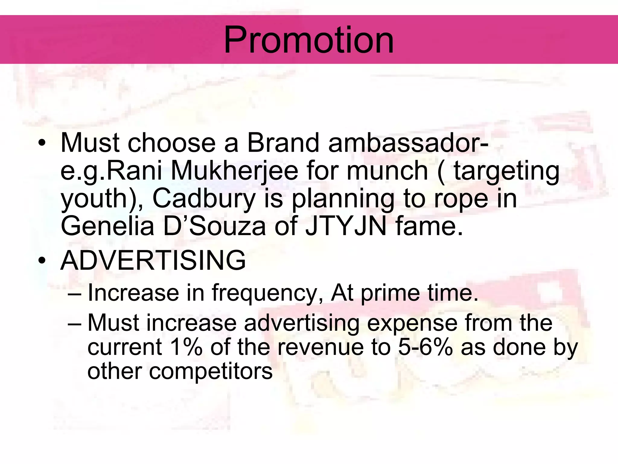 Promotion Must choose a Brand ambassador- e.g.Rani Mukherjee for munch ( targeting youth), Cadbury is planning to rope in Genelia D’Souza of JTYJN fame. ADVERTISING Increase in frequency, At prime time. Must increase advertising expense from the current 1% of the revenue to 5-6% as done by other competitors 