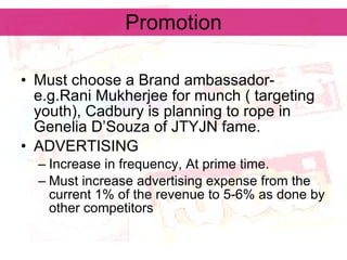 Promotion Must choose a Brand ambassador- e.g.Rani Mukherjee for munch ( targeting youth), Cadbury is planning to rope in Genelia D’Souza of JTYJN fame. ADVERTISING Increase in frequency, At prime time. Must increase advertising expense from the current 1% of the revenue to 5-6% as done by other competitors 