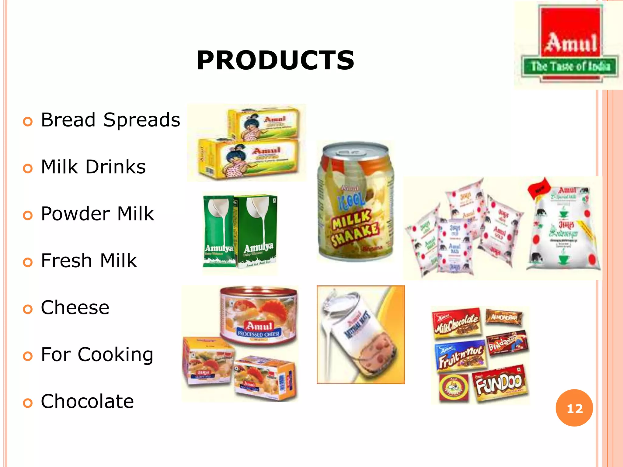 PRODUCTS
 Bread Spreads
 Milk Drinks
 Powder Milk
 Fresh Milk
 Cheese
 For Cooking
 Chocolate 12
 