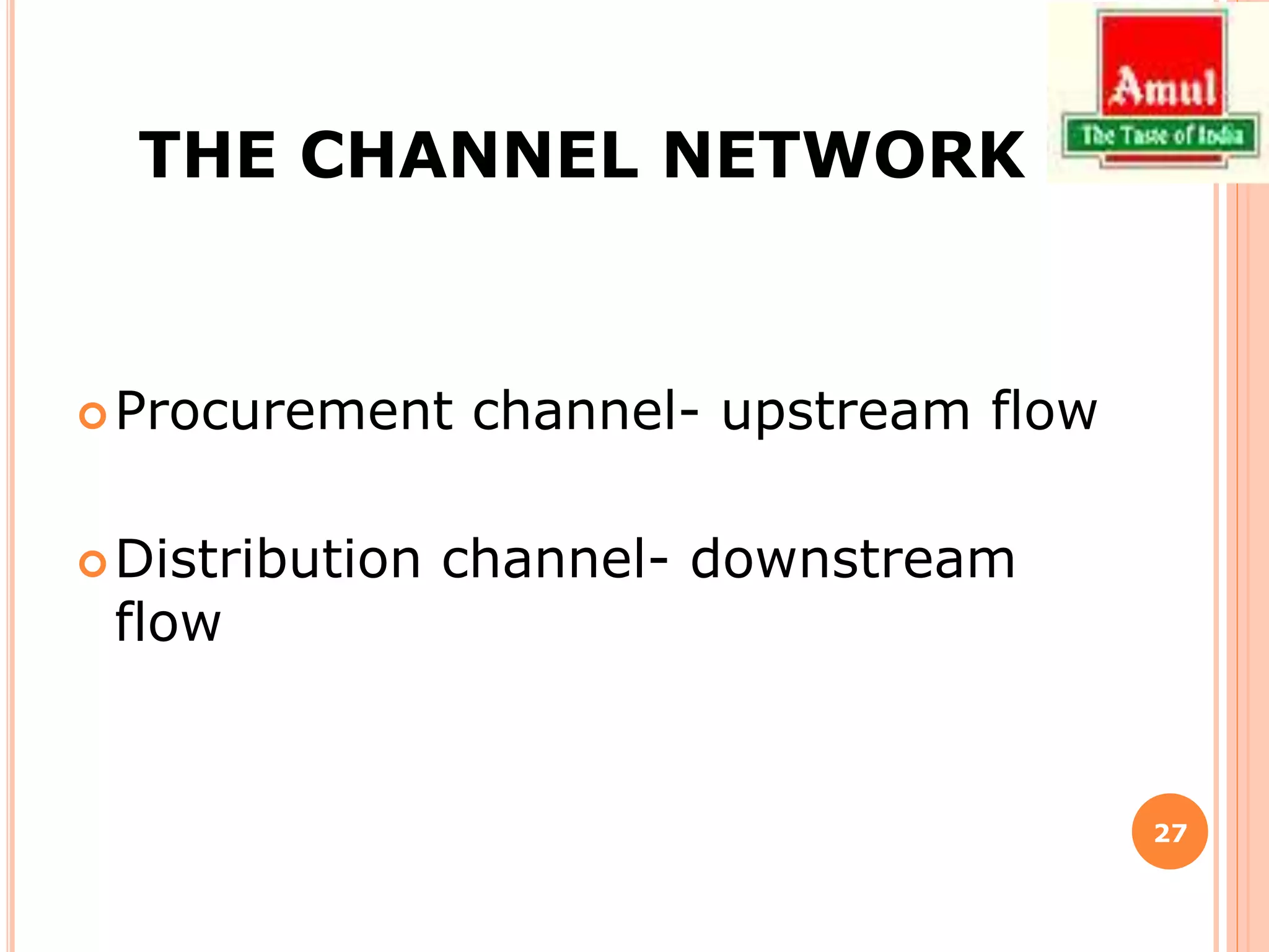 THE CHANNEL NETWORK
Procurement channel- upstream flow
Distribution channel- downstream
flow
27
 