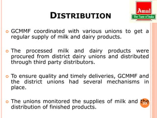 DISTRIBUTION
 GCMMF coordinated with various unions to get a
regular supply of milk and dairy products.
 The processed milk and dairy products were
procured from district dairy unions and distributed
through third party distributors.
 To ensure quality and timely deliveries, GCMMF and
the district unions had several mechanisms in
place.
 The unions monitored the supplies of milk and the
distribution of finished products.
33
 