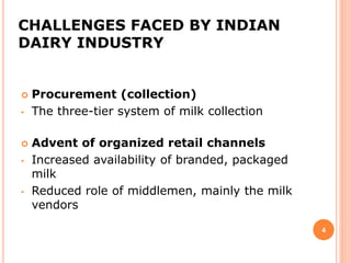 CHALLENGES FACED BY INDIAN
DAIRY INDUSTRY
 Procurement (collection)
• The three-tier system of milk collection
 Advent of organized retail channels
• Increased availability of branded, packaged
milk
• Reduced role of middlemen, mainly the milk
vendors
4
 