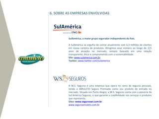 6. SOBRE AS EMPRESAS ENVOLVIDAS




         SulAmérica, o maior grupo segurador independente do País.

         A SulAmérica se orgulha de contar atualmente com 6,3 milhões de clientes
         em nossa carteira de produtos. Atingimos esse número ao longo de 115
         anos de atuação no mercado, sempre baseada em uma relação
         transparente, ética e comprometida com a sustentabilidade.
         Site: www.sulamerica.com.br
         Twitter: www.twitter.com/sulamerica




         A W.S. Seguros é uma empresa que opera no ramo de seguros pessoais,
         tendo o AMULETO Seguro Premiado como seu produto de entrada no
         mercado. Situada em Porto Alegre, a W.S. Seguros conta com a parceria da
         Sul América Seguros, o que garante a credibilidade nos serviços e produtos
         que representa.
         Sites: www.segurosws.com.br
         www.seguroamuleto.com.br
 