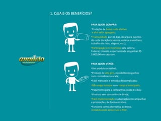 1. QUAIS OS BENEFÍCIOS?

                      PARA QUEM COMPRA:
                      •Proteção de baixo custo efetivo
                       e alto valor agregado;
                      •Tranquilidade por 30 dias, ideal para eventos
                      de curta duração (eventos sociais e esportivos,
                      trabalho de risco, viagens, etc.);
                      •Participação em 4 sorteios pela Loteria
                      Federal, criando a oportunidade de ganhar R$
                      5.000,00 em cada um.


                      PARA QUEM VENDE:
                      •Um produto acessível;
                      •Produto de alto giro, possibilitando ganhos
                      com comissão em escala;
                      •Fácil manuseio e emissão descomplicada;
                      •Não exige estoque nem compra antecipada;
                      •Pagamento para a companhia a cada 15 dias;
                      •Produto sem concorrência direta;
                      •Fácil implementação e adaptação em campanhas
                      e promoções, de forma atrativa;
                      •Funciona como alternativa ao troco,
                      rentabilizando ainda mais o PDV.
 