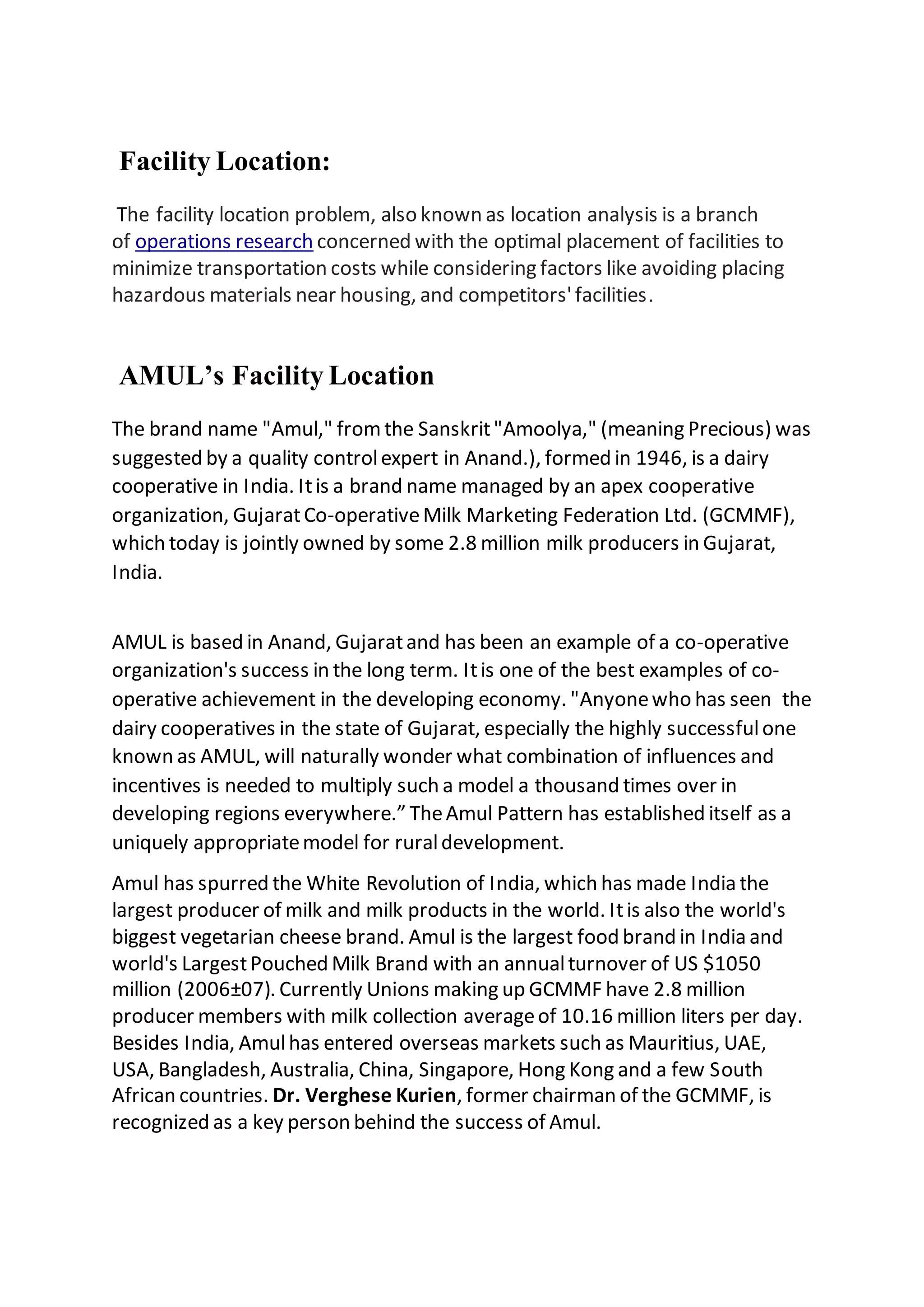 Amul facility location and layout | DOCX
