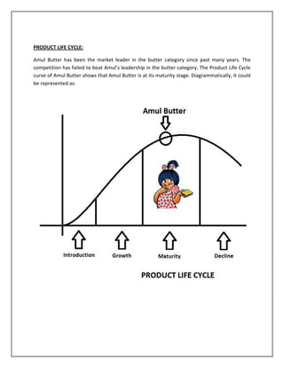 PRODUCT LIFE CYCLE:
Amul Butter has been the market leader in the butter category since past many years. The
competition has failed to beat Amul’s leadership in the butter category. The Product Life Cycle
curve of Amul Butter shows that Amul Butter is at its maturity stage. Diagrammatically, it could
be represented as:

 