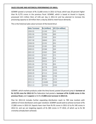 SALES VOLUME AND HISTORICAL PERFORMANCE OF AMUL:
GCMMF posted a turnover of Rs 11,668 crores in 2011-12 fiscal, which was 20 percent higher
than Rs 9,775 crores in the previous fiscal. GCMMF, which is based at Anand in Gujarat,
processed 14.5 million liters of milk per day in 2011-12 and has planned to increase the
processing capacity to 18 million liters a day by 2018 to meet future demands.
This is the historical sales value turnover of the brand Amul:
Sales Turnover

Rs (million)

US $ (in million)

1994-95

11140

355

1995-96

13790

400

1996-97

15540

450

1997-98

18840

455

1998-99

22192

493

1999-00

22185

493

2000-01

22588

500

2001-02

23365

500

2002-03

27457

575

2003-04

28941

616

2004-05

29225

672

2005-06

37736

850

2006-07

42778

1050

2007-08

52554

1325

2008-09

67113

1504

2009-10

80053

1700

2010-11

97742

2172

2011-12

116680

2500

2012-13

137350

2540

GCMMF, which markets products under the Amul brand, posted 18 percent jump in turnover at
Rs 13,735 crore for 2012-13.The federation had posted a turnover of Rs 11,668 crores in the
previous fiscal, and it expects to hit Rs 17,000-crore turnover in 2013-14.
Plan for 2013-14 includes further expanding distribution reach to 700 new markets with
addition of more distributors and super-stockiest. GCMMF would seek to achieve turnover of Rs
17,000 crores in 2013-14. Exports have risen from Rs 95 crores in 2011-12 to Rs 140 crores in
2012-13, and we are targeting exports of Rs 300 crores in FY 2014, of which up to Rs 90
croreshas already been achieved.

 