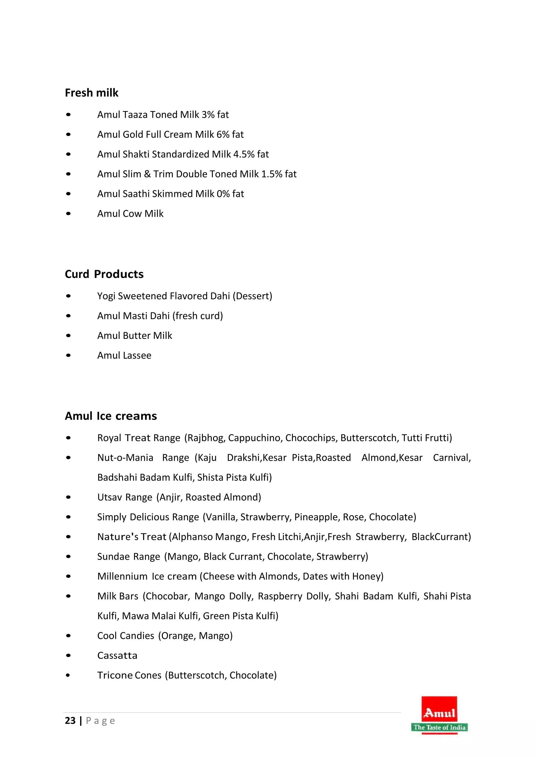 23 | P a g e
Fresh milk
• Amul Taaza Toned Milk 3% fat
• Amul Gold Full Cream Milk 6% fat
• Amul Shakti Standardized Milk 4.5% fat
• Amul Slim & Trim Double Toned Milk 1.5% fat
• Amul Saathi Skimmed Milk 0% fat
• Amul Cow Milk
Curd Products
• Yogi Sweetened Flavored Dahi (Dessert)
• Amul Masti Dahi (fresh curd)
• Amul Butter Milk
• Amul Lassee
Amul Ice creams
• Royal Treat Range (Rajbhog, Cappuchino, Chocochips, Butterscotch, Tutti Frutti)
• Nut-o-Mania Range (Kaju Drakshi,Kesar Pista,Roasted Almond,Kesar Carnival,
Badshahi Badam Kulfi, Shista Pista Kulfi)
• Utsav Range (Anjir, Roasted Almond)
• Simply Delicious Range (Vanilla, Strawberry, Pineapple, Rose, Chocolate)
• Nature's Treat (Alphanso Mango, Fresh Litchi,Anjir,Fresh Strawberry, BlackCurrant)
• Sundae Range (Mango, Black Currant, Chocolate, Strawberry)
• Millennium Ice cream (Cheese with Almonds, Dates with Honey)
• Milk Bars (Chocobar, Mango Dolly, Raspberry Dolly, Shahi Badam Kulfi, Shahi Pista
Kulfi, Mawa Malai Kulfi, Green Pista Kulfi)
• Cool Candies (Orange, Mango)
• Cassatta
• Tricone Cones (Butterscotch, Chocolate)
 