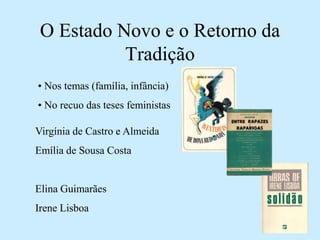 O Estado Novo e o Retorno da
Tradição
• Nos temas (família, infância)
• No recuo das teses feministas
Virgínia de Castro e Almeida
Emília de Sousa Costa
Elina Guimarães
Irene Lisboa
 