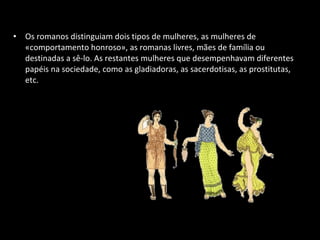 Os romanos distinguiam dois tipos de mulheres, as mulheres de «comportamento honroso», as romanas livres, mães de família ou destinadas a sê-lo. As restantes mulheres que desempenhavam diferentes papéis na sociedade, como as gladiadoras, as sacerdotisas, as prostitutas, etc.  