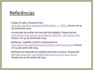 Referências
• Catão,O velho. Disponível em
http://pt.wikipedia.org/wiki/Cat%C3%A3o,_o_Velho.Acesso em 31
de Janeiro de 2015.
• A evolução da mulher no mercado de trabalho. Disponível em
http://www.rhportal.com.br/artigos/rh.php?idc_cad=xg7w7vuh9.
Acesso em 31 de Janeiro de 2015.
• Mulheres, trabalho e família. Disponível em
http://www.fcc.org.br/bdmulheres/serie2.php?area=series.Acesso
em 31 de Janeiro de 2015.
• Mulheres no mercado de trabalho:Grandes números. Disponível
em http://www.fcc.org.br/bdmulheres/serie1.php?area=series.
Acesso em 31 de Janeiro de 2015.
 