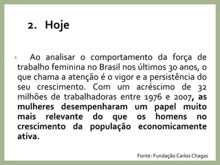 2. Hoje
• Ao analisar o comportamento da força de
trabalho feminina no Brasil nos últimos 30 anos, o
que chama a atenção é o vigor e a persistência do
seu crescimento. Com um acréscimo de 32
milhões de trabalhadoras entre 1976 e 2007, as
mulheres desempenharam um papel muito
mais relevante do que os homens no
crescimento da população economicamente
ativa.
Fonte: Fundação Carlos Chagas
 