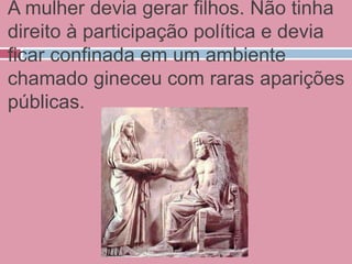 A mulher devia gerar filhos. Não tinha
direito à participação política e devia
ficar confinada em um ambiente
chamado gineceu com raras aparições
públicas.
 