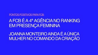 PONTOS POSITIVOS PARAFCB:
AFCB ÉA 4ª AGÊNCIANO RANKING
EM PRESENÇAFEMININA
JOANNAMONTEIROAINDAÉAÚNICA
MULHER NO COMANDO DACRIAÇÃO