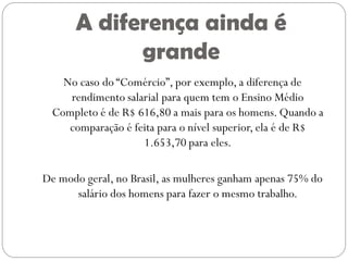 A diferença ainda é
            grande
   No caso do “Comércio”, por exemplo, a diferença de
    rendimento salarial para quem tem o Ensino Médio
 Completo é de R$ 616,80 a mais para os homens. Quando a
    comparação é feita para o nível superior, ela é de R$
                   1.653,70 para eles.

De modo geral, no Brasil, as mulheres ganham apenas 75% do
      salário dos homens para fazer o mesmo trabalho.
 