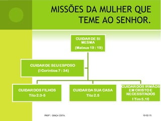 MISSÕES DA MULHER QUE
TEME AO SENHOR.
10/02/15PROFª: GRAÇA COSTA.
 