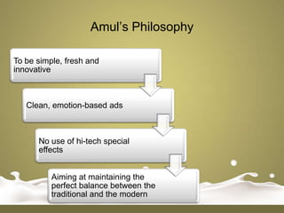 Amul‟s Philosophy

To be simple, fresh and
innovative



   Clean, emotion-based ads



      No use of hi-tech special
      effects


          Aiming at maintaining the
          perfect balance between the
          traditional and the modern
 