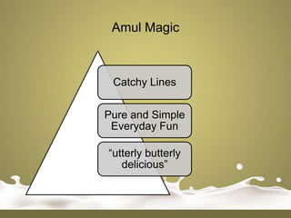 Amul Magic



 Catchy Lines

Pure and Simple
 Everyday Fun

“utterly butterly
   delicious”
 
