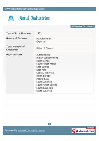 - Company Factsheet -


Year of Establishment   1972

Nature of Business      Manufacturer
                        Exporte...