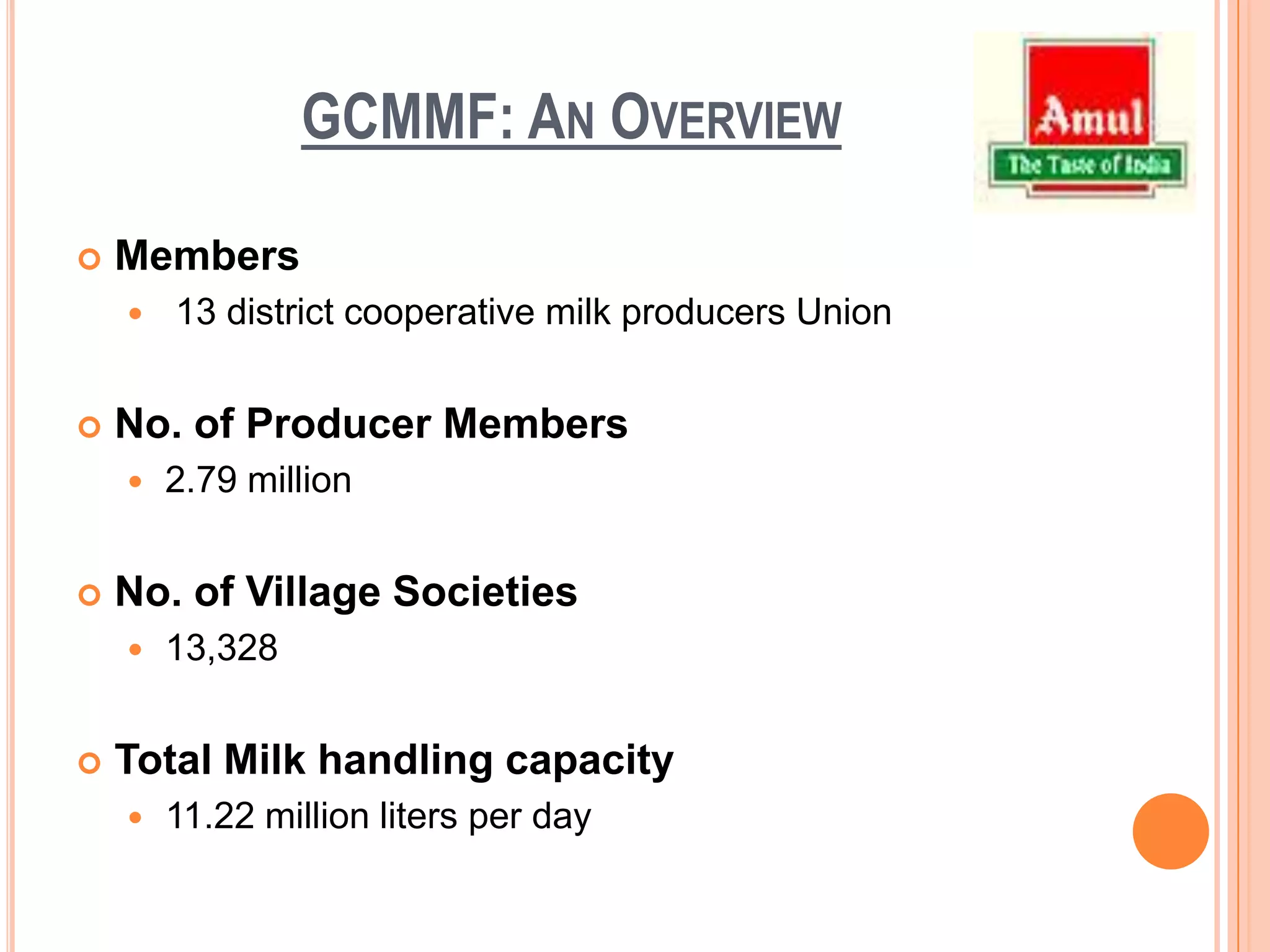 GCMMF: An OverviewMembers13 district cooperative milk producers UnionNo. of Producer Members2.79 millionNo. of Village Societies13,328Total Milk handling capacity11.22 million liters per day